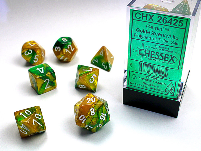 Chessex Polyhedral 7-Die Set Gemini Gold-Green/White